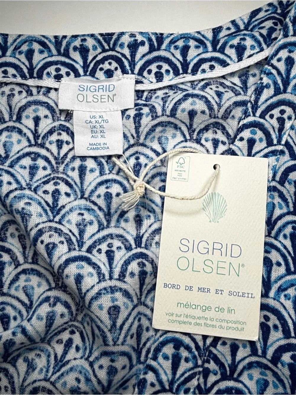 Sigrid Olsen Blue White Linen Coastal Print Tassel Tunic Dress XL NWT